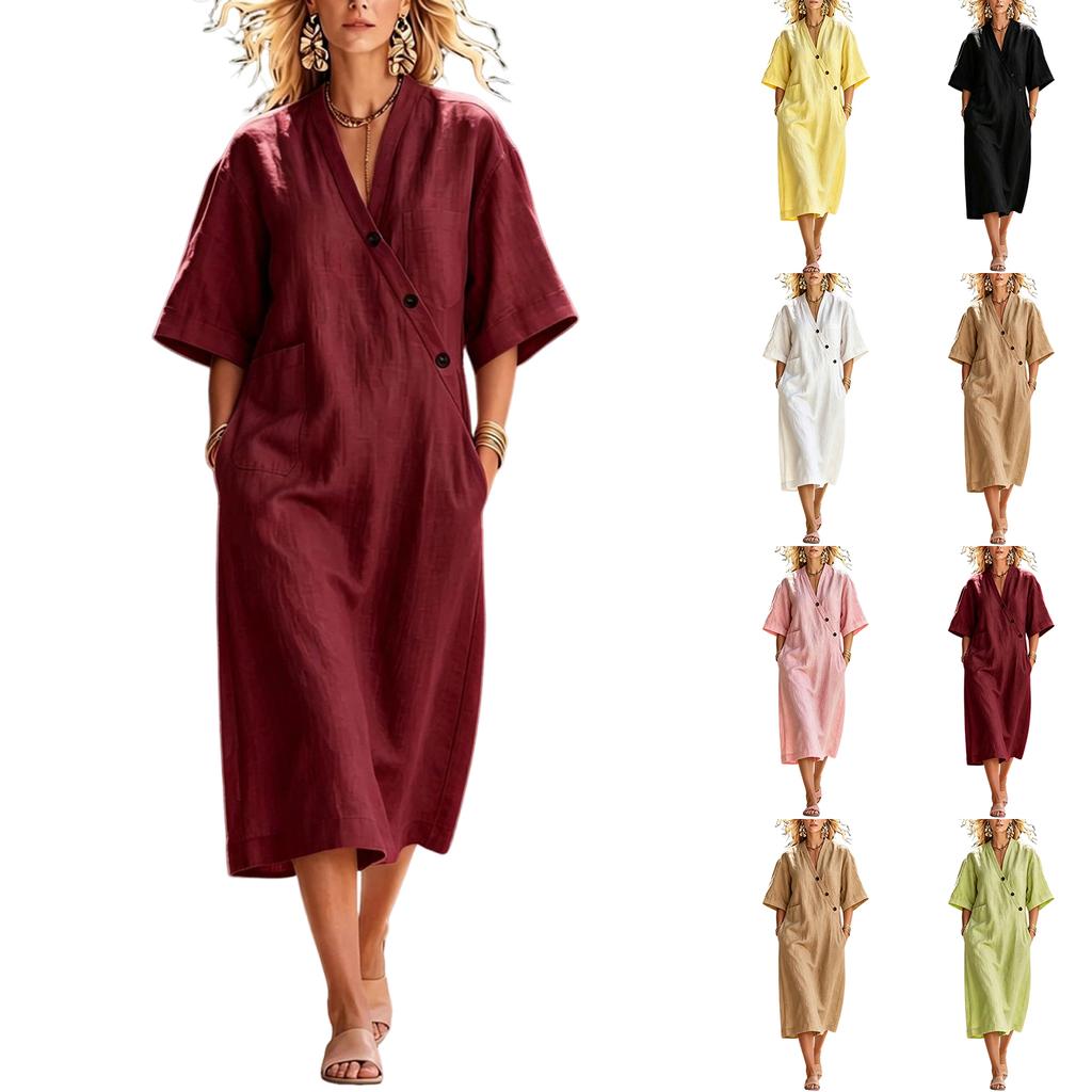 Women's Dress Casual And Fashionable Short Sleeve V-neck Long Dress With Pocketed