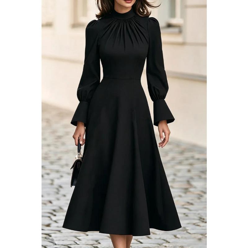 DICIFY Women's Fashion Autumn Winter Stand-up Collar Long Sleeve Solid Color Print Casual Dresses