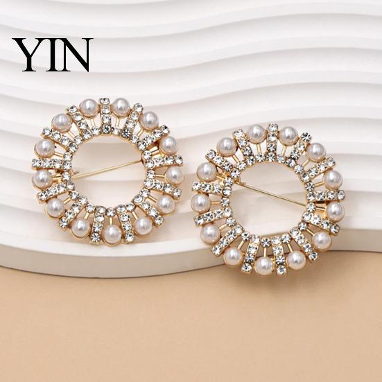 Rhinestone Ring Brooch Faux Pearl Brooch, Hollow Circle Alloy Lapel Pin, Elegant Clothing Jewelry Sweater Cardigan Coat Suits Accessories, Gift