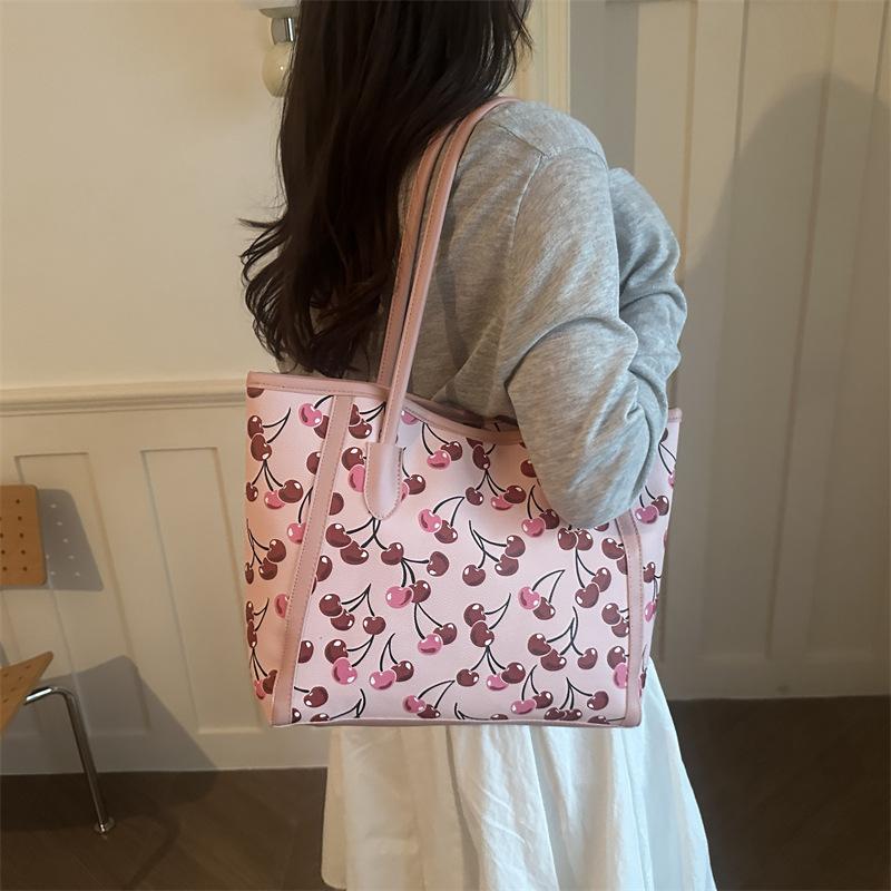 Vintage Cherry Print Large Capacity Women Casual Commute Single Shoulder Tote Bag