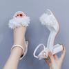 Sandals for Women Summer Buckle Strap 7CM Square Heel Shallow Mouthed Flower Round Headed Bride Wedding Silk Fabric Women Shoes