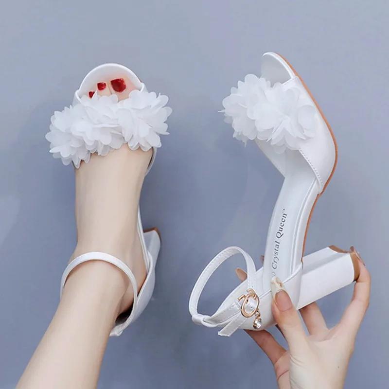 Sandals for Women Summer Buckle Strap 7CM Square Heel Shallow Mouthed Flower Round Headed Bride Wedding Silk Fabric Women Shoes