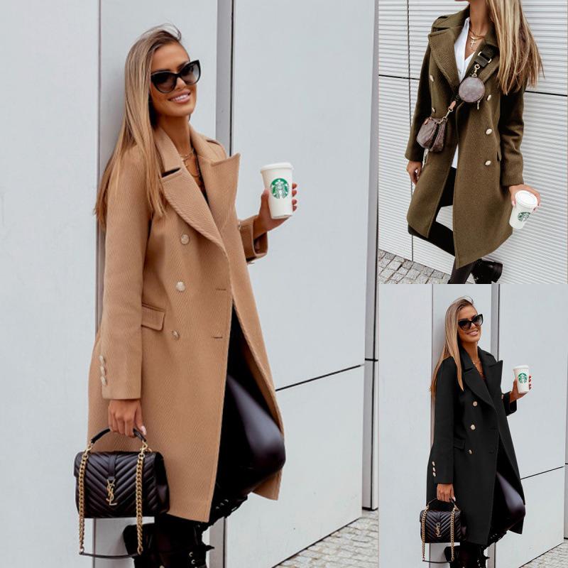 European & American Fashion Women's Double-Breasted Mid-Length Wool Coat Jacket