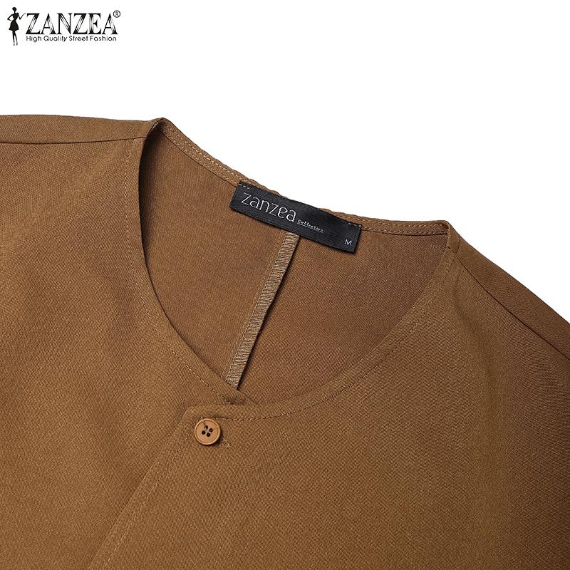 ZANZEA Women Casual Round Neck Solid Color 3/4 Sleeve Loose Blouse