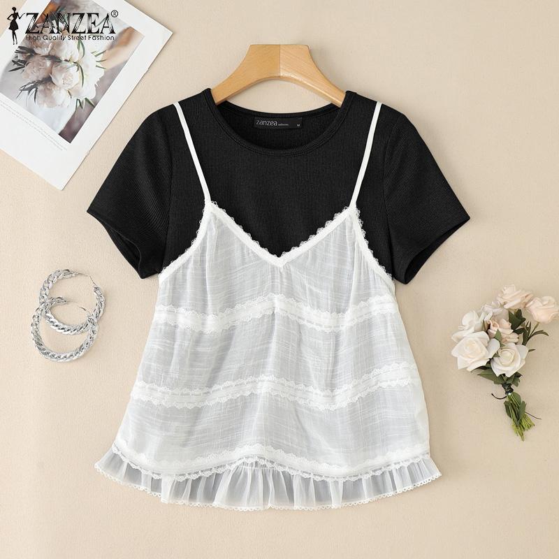 ZANZEA Women Summer Round Neck Patchwork Short Sleeve T-Shirts