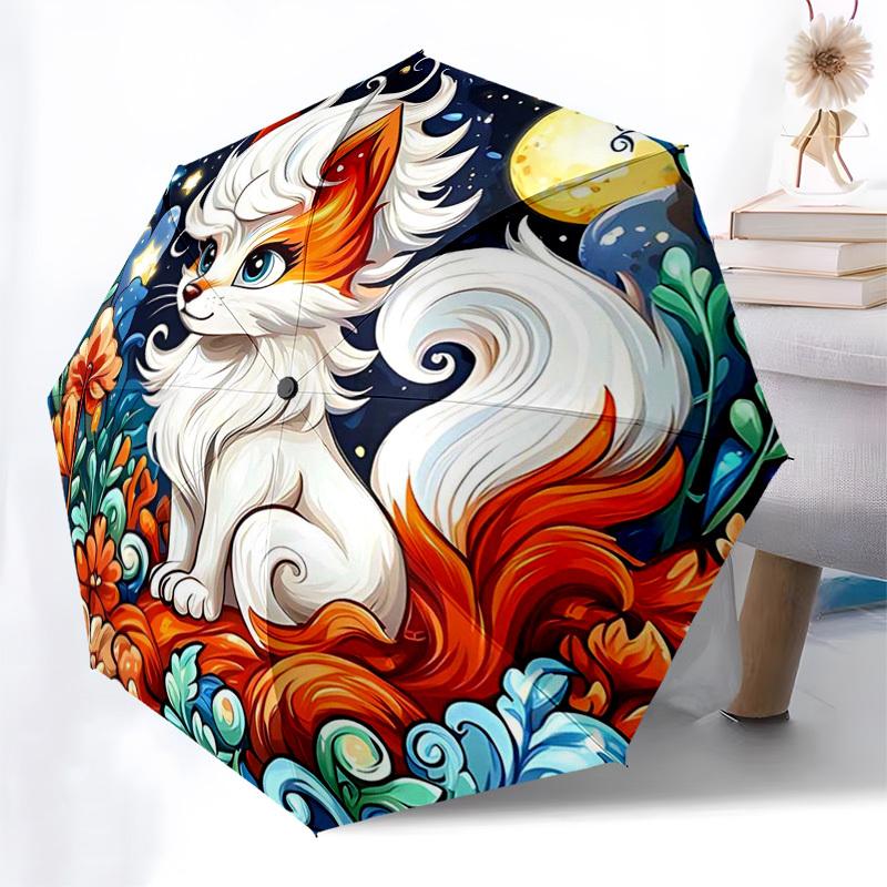 

1pc Fantasy Fox & Flowers: Automatic Folding Umbrella with 3-Fold Design, 8-Bone Iron Frame - Perfect for Outdoor Adventures, Festivals, Travel, Daily