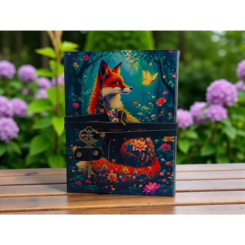 Fox Leather Journal Vintage Handmade Notebook With Key Grimoire Spell Book of Shadows Celestial Diary Christmas Gifts For Him Her