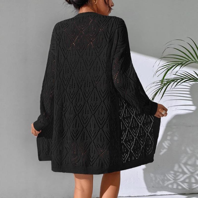 Open Front Hollow Out Knit Cardigan Long Sleeve Loose Cover Up Sweater