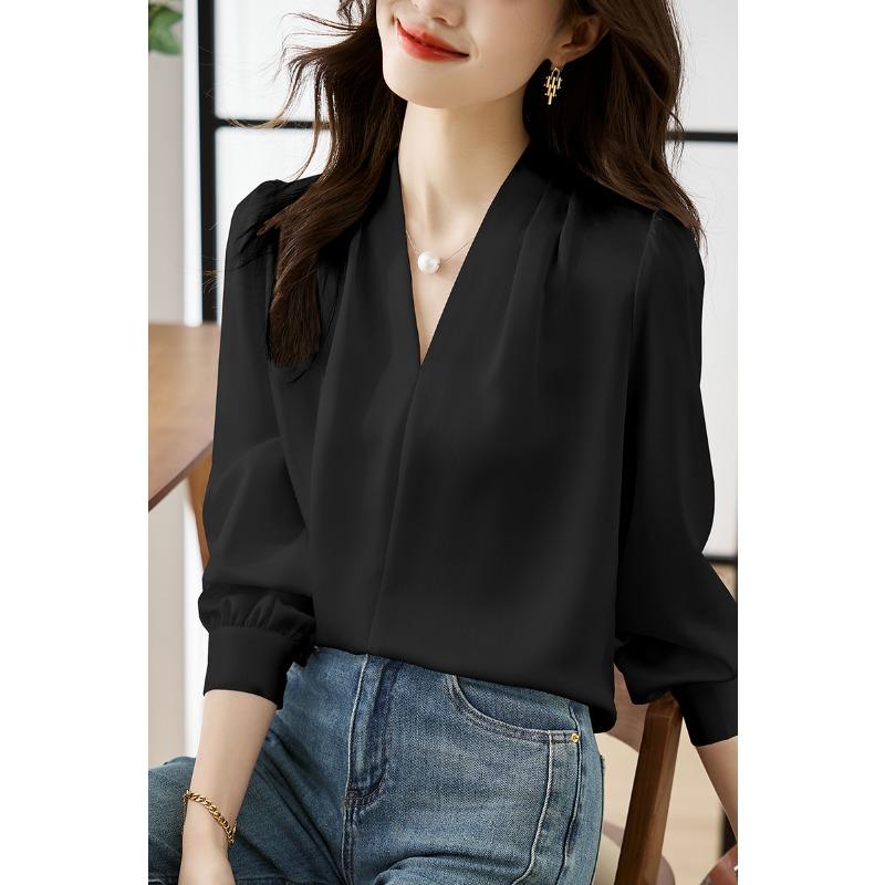 

Весна-Осень V-образный вырез пригородная атласная шифоновая рубашка новая мода элегантная женская простая блузка с длинным рукавом свободная простая повседневная женская верхняя одежда 2748 2XL чёрный