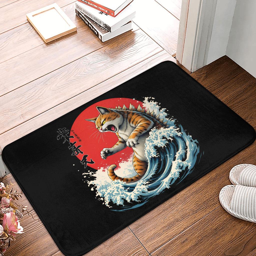 Funny Catzilla Cat Japanese Art Front Door Mat Anti-Slip Indoor Quick Dry Doormat Living Room Entrance Rug Carpet