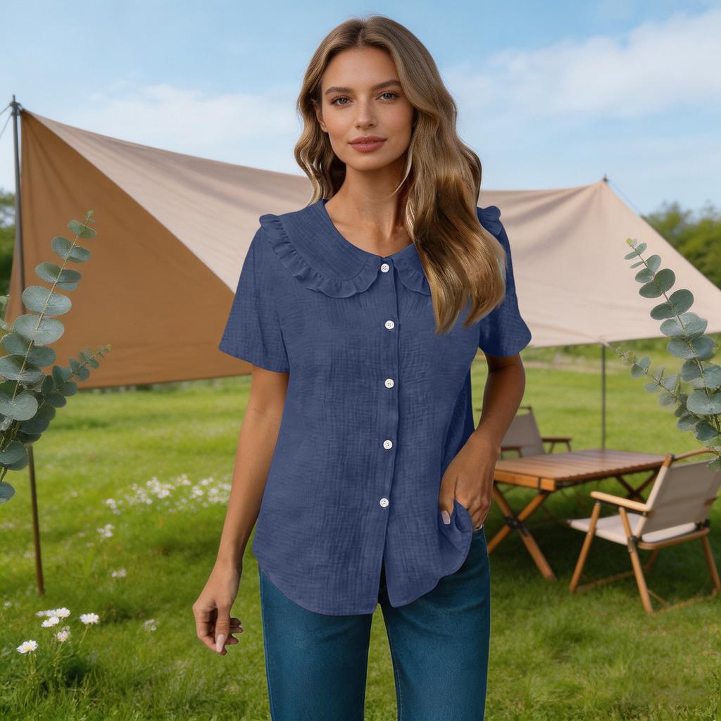 Women Summer Short Sleeve Shirt Dress Style Blouse Ruffle Collar Button Front Closure Casual Loose Fit Textured Top