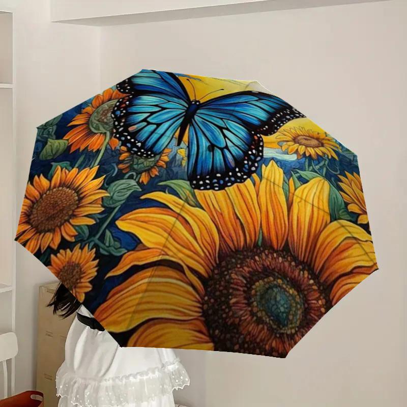 1pc Butterfly Sunflowers Garden Artwork Umbrella with Plastic Handle,Suitable for All Seasons Home Travel Outdoor UmbrellaDD165