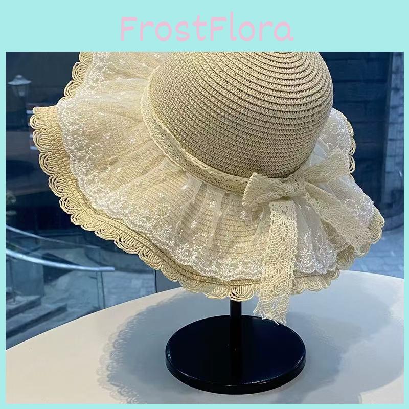 Summer Straw Hat With Wide Brim And Lace Decoration For Women Sunshade Breathable Beach Accessory