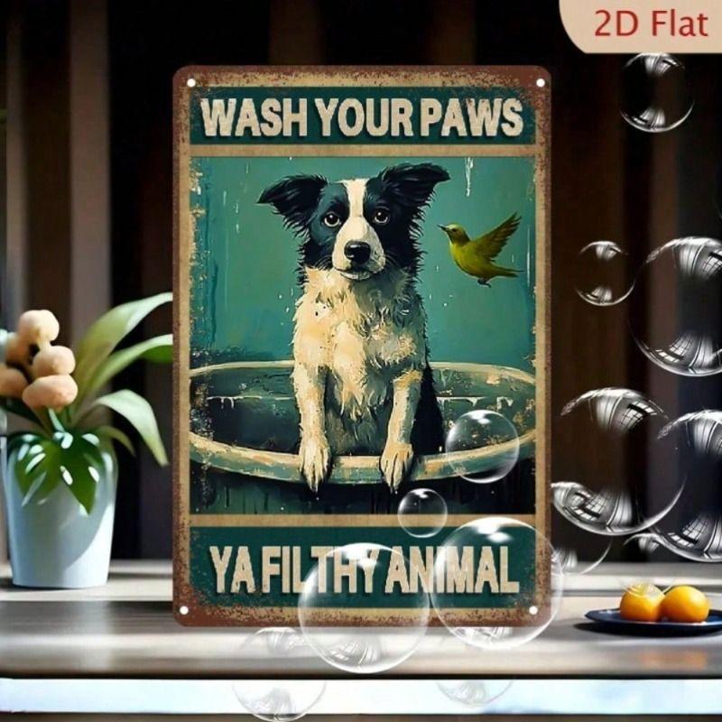 Metal Wall Art Funny Border Collie Dog Wash Your Paws Vintage Rustic Bathroom Decor