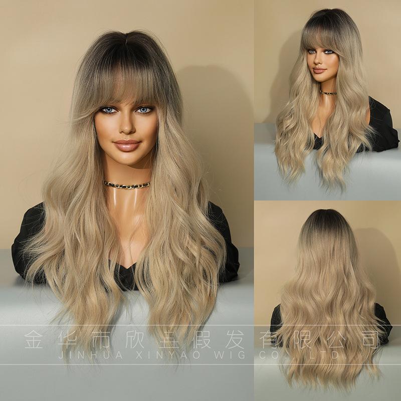 Attention To Ordering Wigs Women's Long Curly Hair In Golden Color With Big Waves Dyed Brown On Top Of Head Fluffy Wool