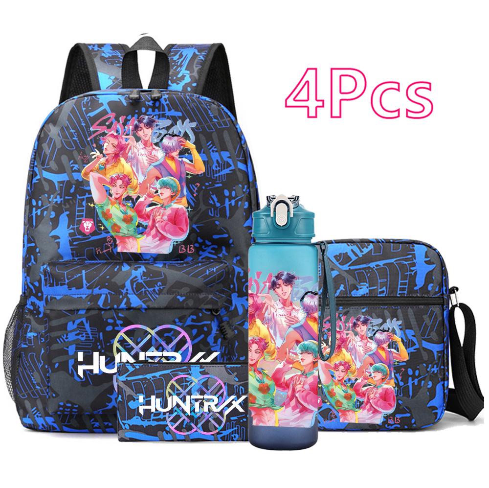 4Pcs/set Cartoon K-pop Printed Backpack Large Capacity Bookbag Shoulder Bag Case Bag with 750ml Water Bottler Boy Girl School Bag Kid Gift
