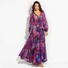 2025 European & American Women's V-Neck Long Dress - Red Leaf Print with Lantern Sleeves