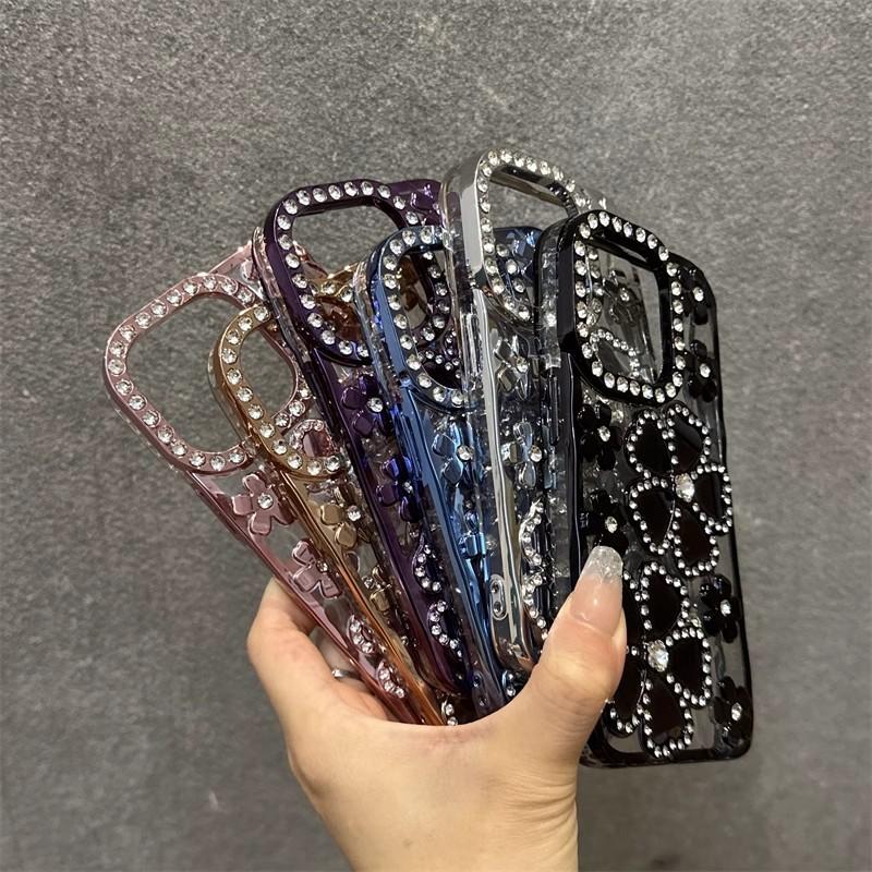 Electroplated Three-dimensional Diamond-set Flower Suitable for iPhone18promax Mobile Phone Case Apple 15 All-inclusive Soft Case Protective Case