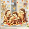 Fall Seasonal Home Decor Little Hedgehog Tree Stump Static Sticker, Watercolor Decorative Window Glass Stickers Decal, Reusable PVC Cling for
