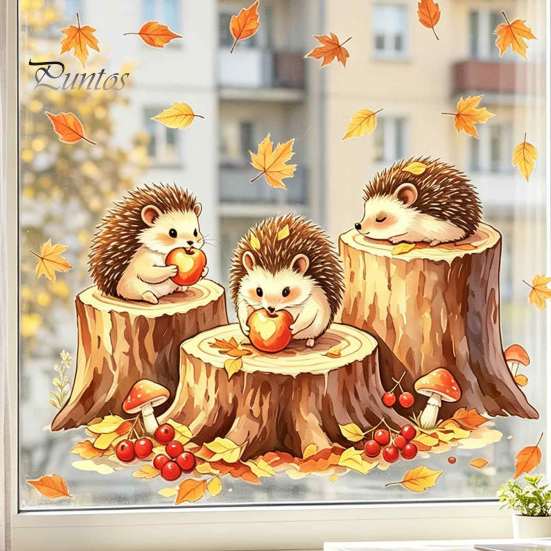 Fall Seasonal Home Decor Little Hedgehog Tree Stump Static Sticker, Watercolor Decorative Window Glass Stickers Decal, Reusable PVC Cling for