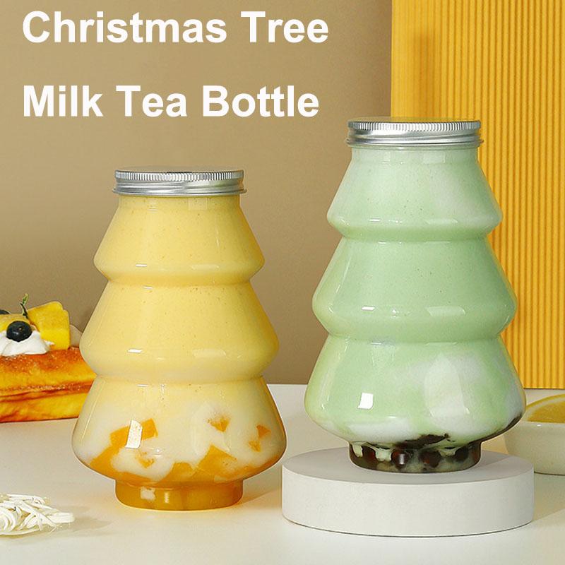 500ml Christmas Candy Biscuits Bottle Christmas Tree Shape Drink Bottles Juice Milk Tea Jar Food Storage Container Party Favors