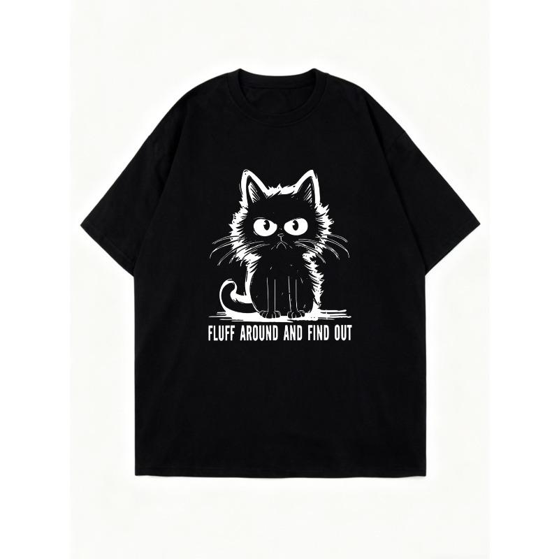 Black Oversized T-Shirt With Cat Graphic And Fluff Around And Find Out Text For Casual Wear