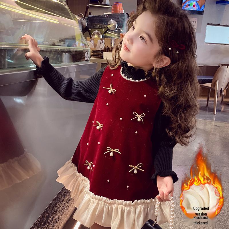 Girls Winter 2026 Fleece-Lined Velvet Dress - Stylish Children s Formal Wear 160 cm