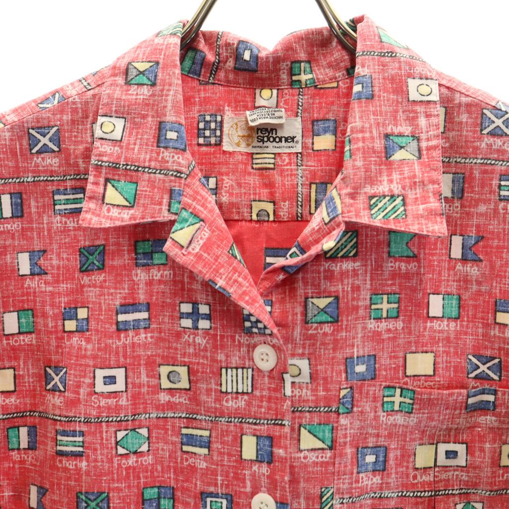 Reyn Spooner 80s Vintage Gold Tag Reverse Print Flag Pattern Short Sleeve Aloha Shirt Women Used