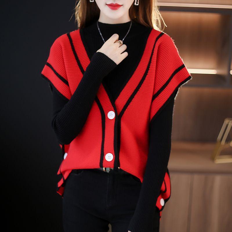 Vest Women's Autumn New V-neck Color blocked Sleeveless Sweater Coat Women's Loose Bat Sleeve Knitted Cardigan Shoulder