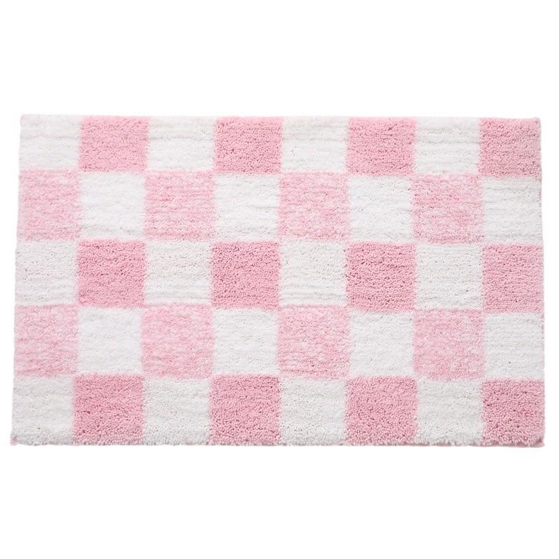 Pink Checkerboard Bathroom Floor Mat Absorbent Quick-drying Mat for The Home Bathroom and Thick Flocked Bathroom Rug