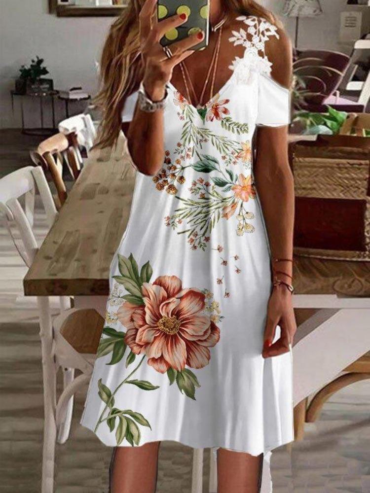 Sommer schulterfrei Blumendruck Sexy Spitze Sommerkleid Damen Lässig Strand Urlaubs Kleid Kurzarm Vestidos Mode Damen