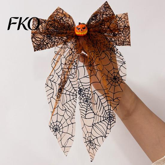Lightweight Hair Clip Halloween Spider Web Bow Clip, Pumpkin Eyeball Tulle with Long Tails, Women Accessories for Holiday Party Accessory