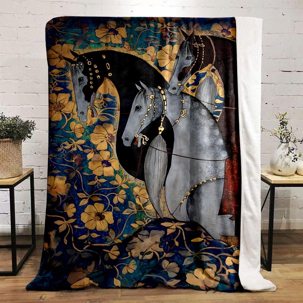 Elegant Floral Horse Motif Blanket bedroom Blanket for Livingroom Couch lunch break Soft throw for Friend's festival Gift