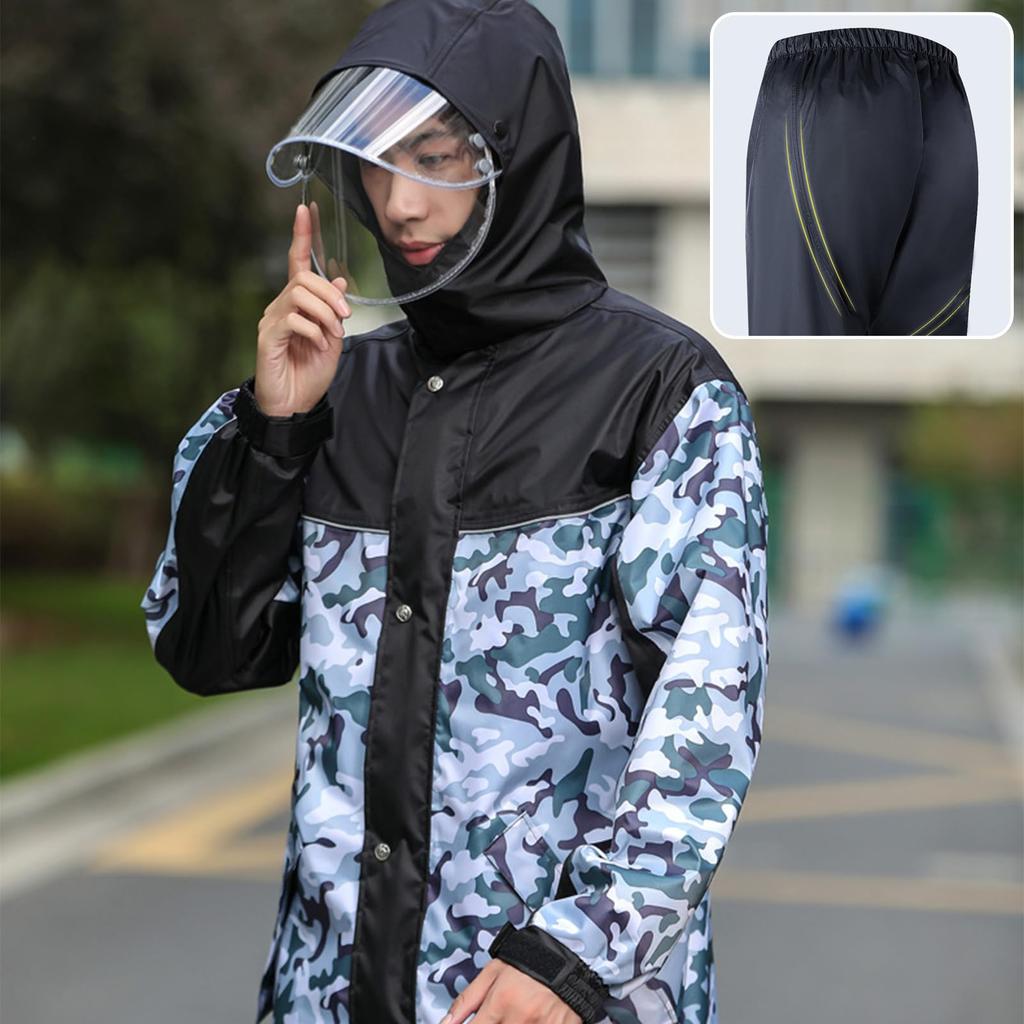 Formemory Men's Motorcycle Rainwear Set, Waterproof and Windproof, Separate Design for Heavy Rain, Heavy Duty, Lightweight, Camouflage Design (Size L)