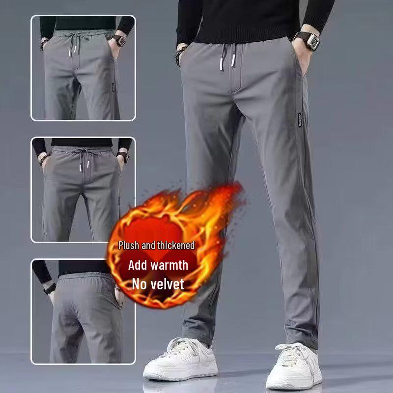 Black Label Plus Men's Slim Fit Fleece Pants - Autumn/Winter Korean Style Large Size Straight Business Casual Trousers