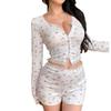 European & American Lace Trim Floral Bodycon Pajama Set: Long Sleeve Cardigan & Low Waist Shorts