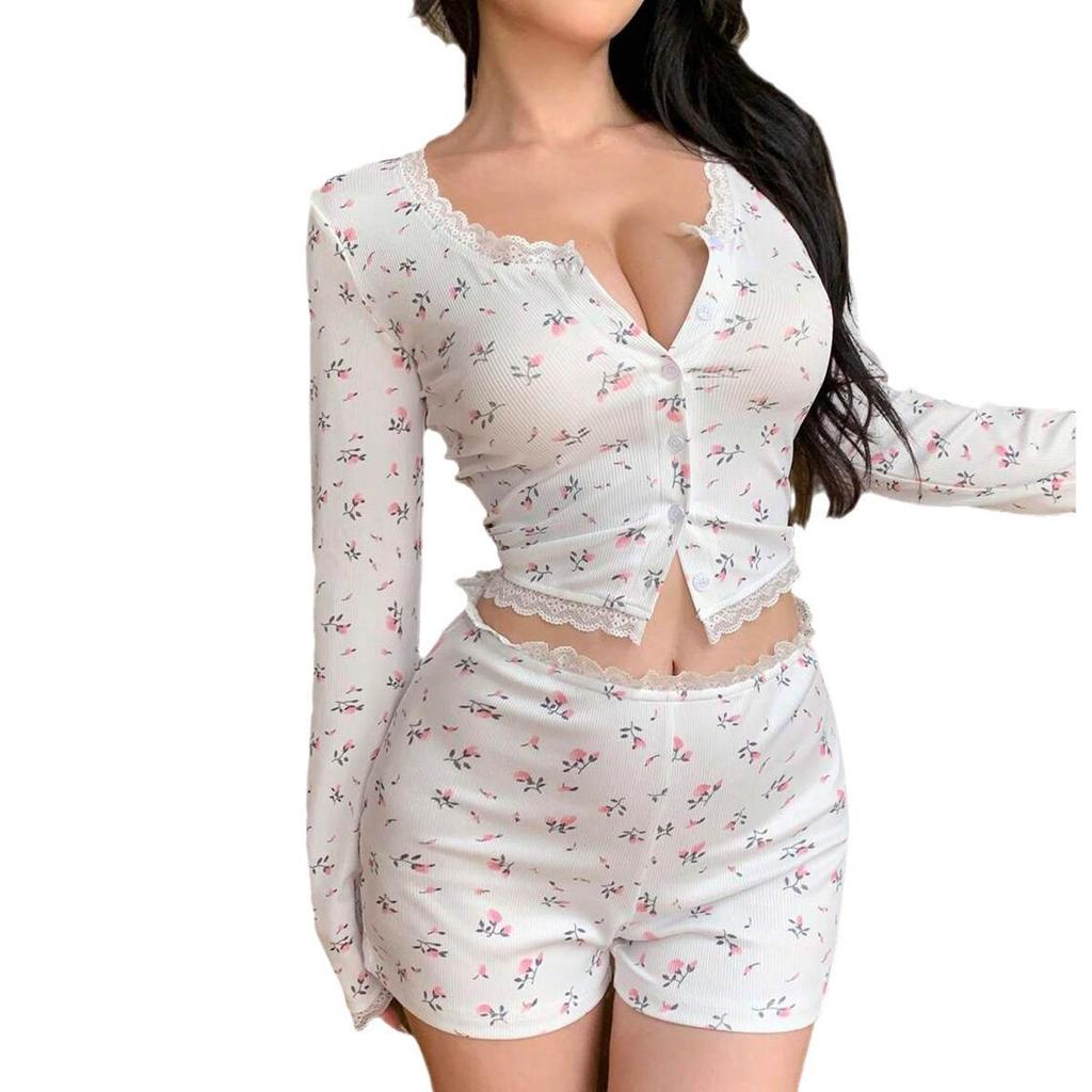 European & American Lace Trim Floral Bodycon Pajama Set: Long Sleeve Cardigan & Low Waist Shorts