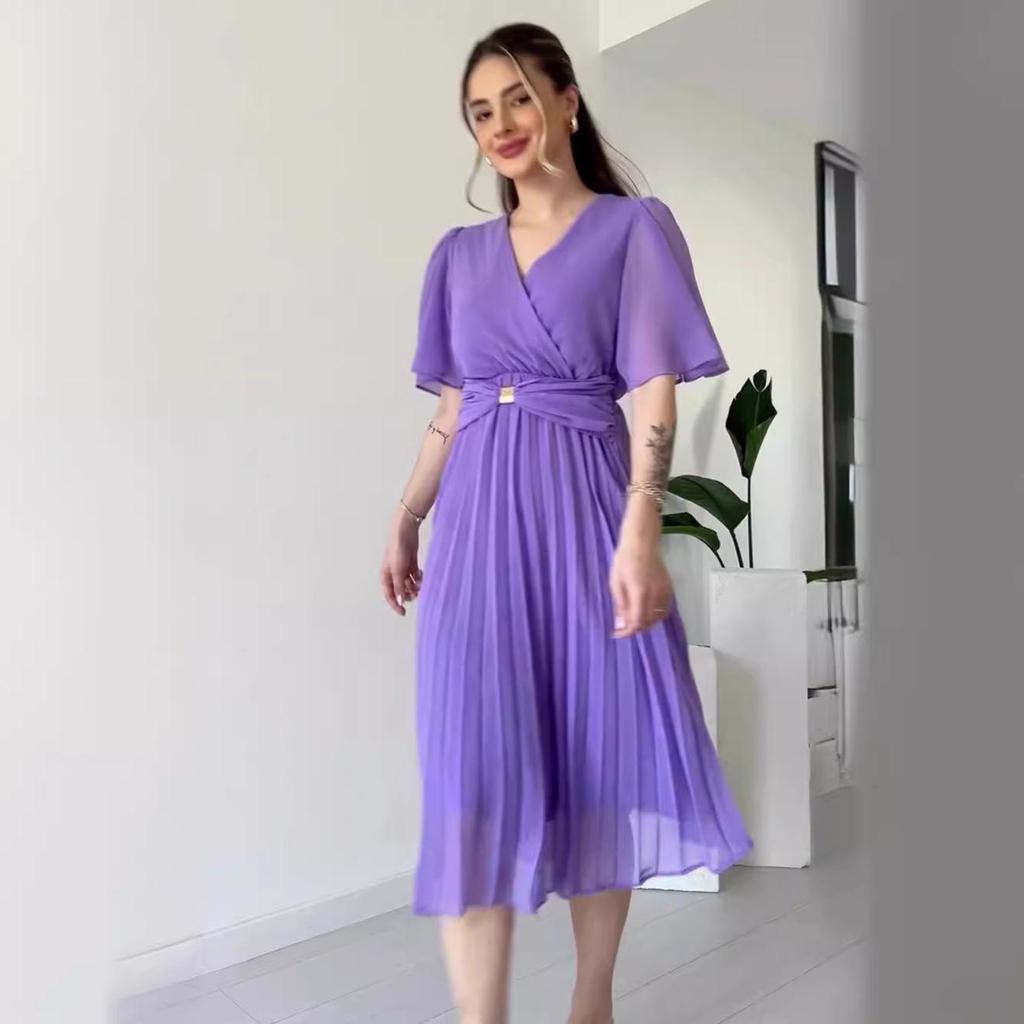 2024 Sommer Damen Einfarbiges V-Ausschnitt Taillenband Schlankmachendes Kleid