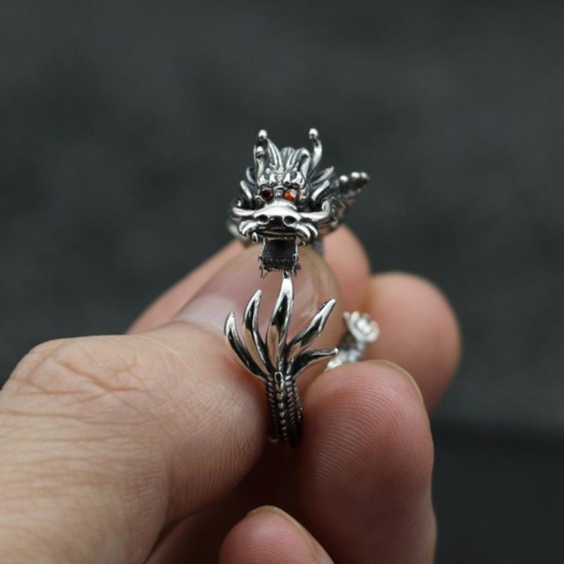 1Pc Retro Thai Silver Ring Male Qinglong Faucet Ring Domineering Personality Chinese Style Jewelry Wenwan Chinese Dragon