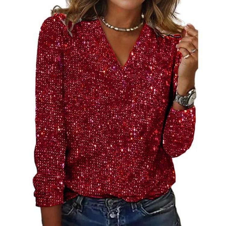 Breathable Premium Blouse Soft Long Sleeve V Neck Loose Women Shirt Daily Party Club Commute Sequin Lady Pullover