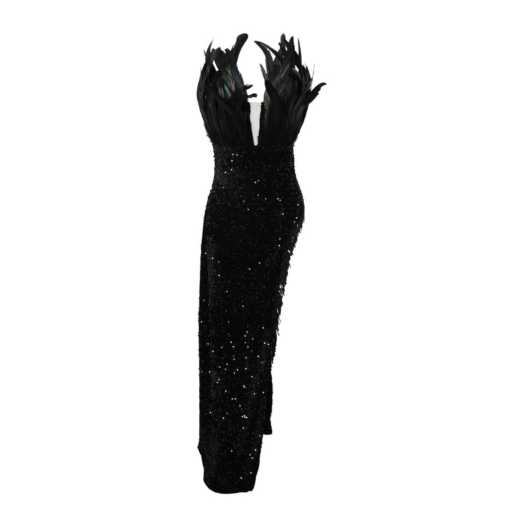 Damen Trägerloses Feder Abendkleid - Pailletten Bodycon Slim-Fit Kleid