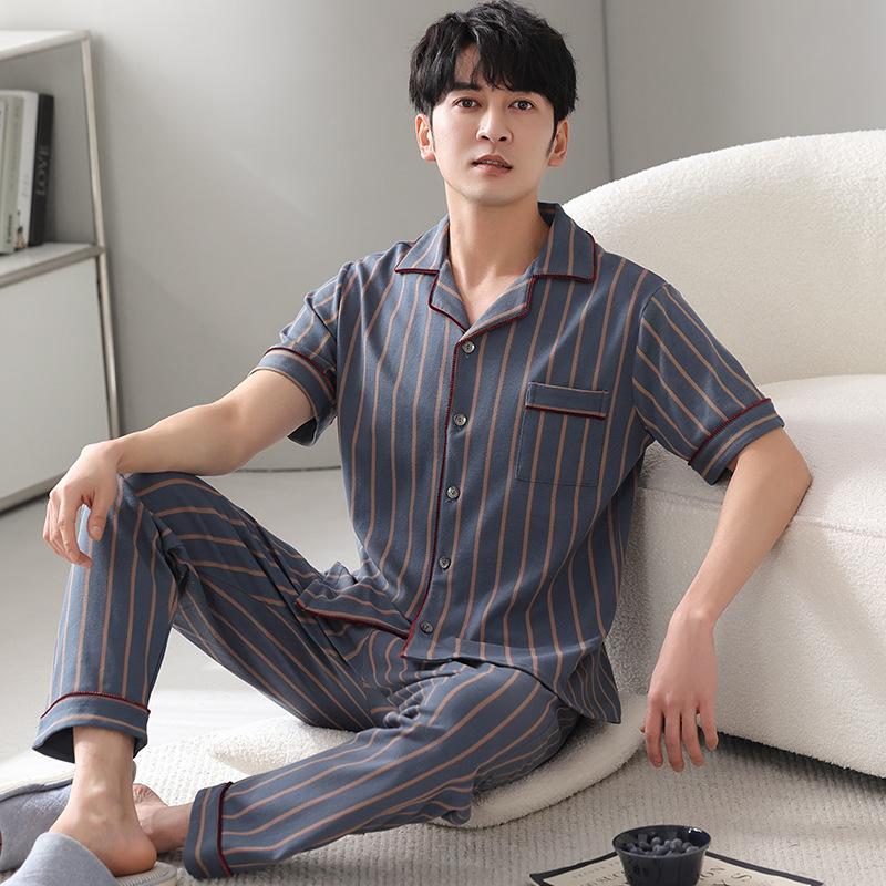 Pajamas Men's Summer Cotton Short Sleeve Trousers Men's Thin Summer Large Size Half Sleeve Men's Summer Loungewear Set