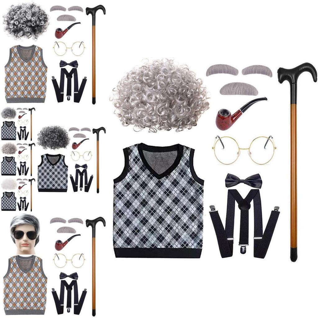 Classic Grandfather Costume Wig Set Featuring Short Soft Curly Hair And Stylish Vest For Kids
