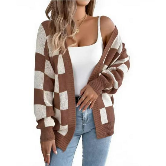 2025 Autumn/Winter New European & American Plaid Knit Oversized Women's Cardigan Sweater