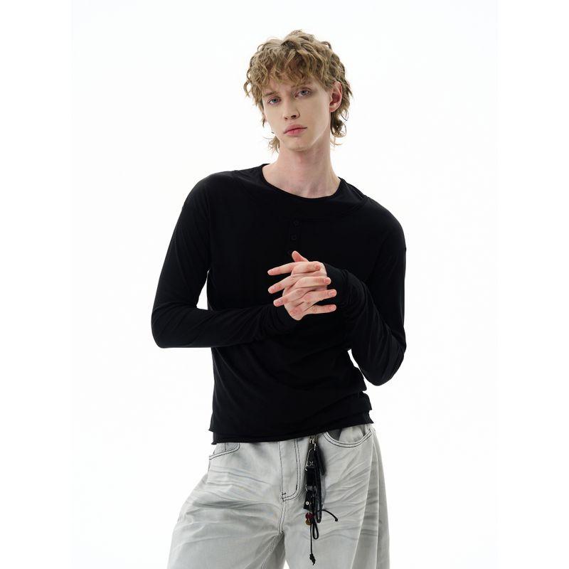 Kisko American Retro Double-Layer Collar Thin Long-Sleeve T-Shirt for Men and Women, Autumn High-End Casual Inner Wear Top