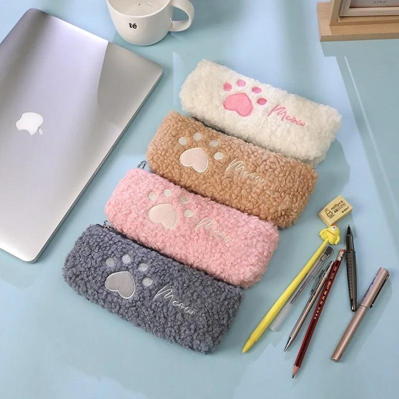 1PCS Hairy Cute Kawaii Cat Paw Plush Pencil Bag Case Girl Supplies Simple Student Stationery Pen Case Storage Bag Gifts for Kids