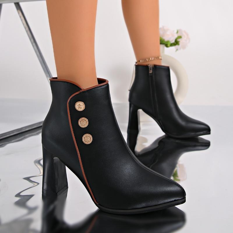 Block Heel Booties Women  Autumn Winter New Pointed Toe Side Zipper Small Leather Waterproof High Heels