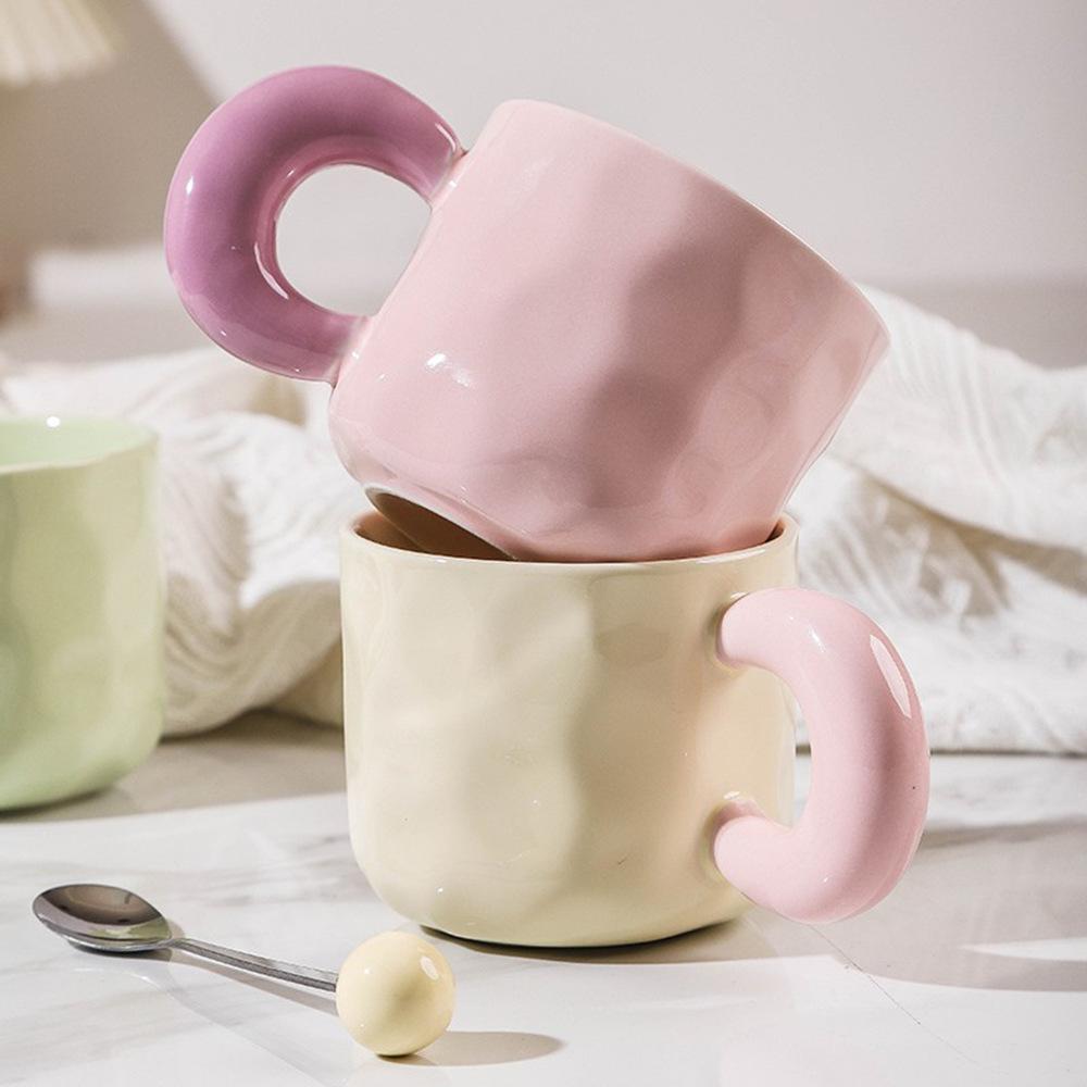 High value Couple Cup with Lid Spoon Contrasting Color Hand Pinch Pattern Big Ear Ceramic Cup Office Home Coffee