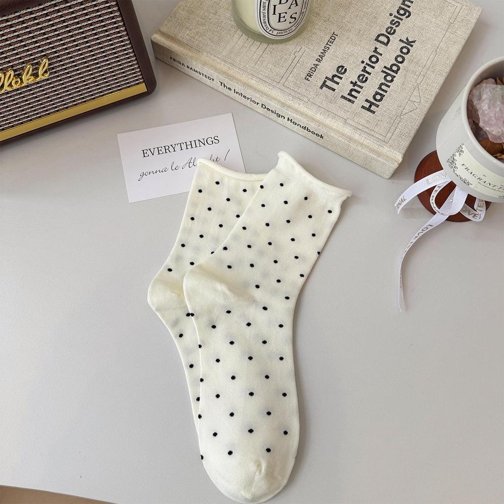 Women's Rolled Edge Polka Dot Mid-Calf Cotton Socks - Pairs Well with Birkenstock Shoes, Loose Fit, Slouchy, Casual Style
