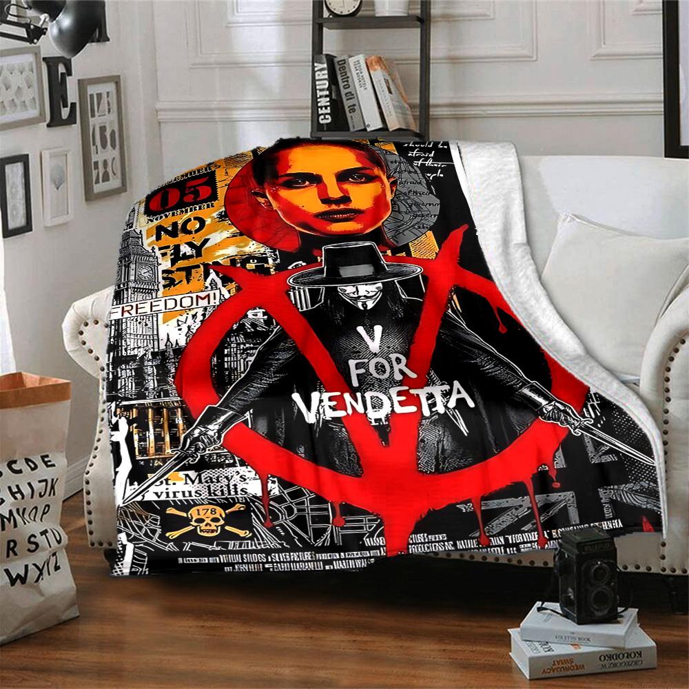 1pc V for Vendetta Flannel Throw Blanket - HD Printed Lightweight Soft Warm All-Season Blanket for Sofa, Bed, Travel, Camping 096